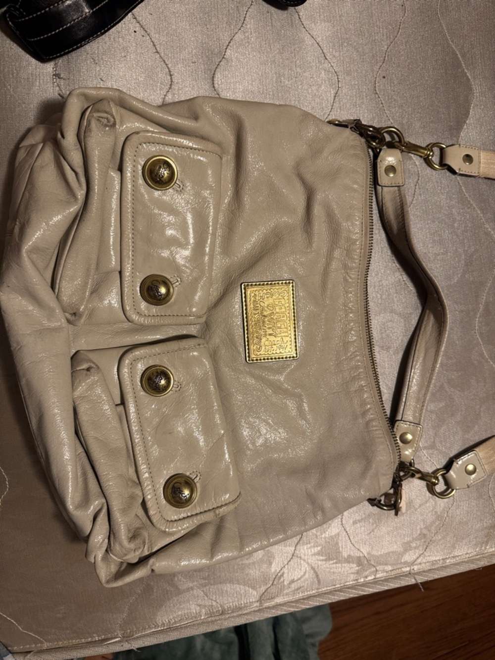 Coach Beige Shoulder Bag with Gold Plaque